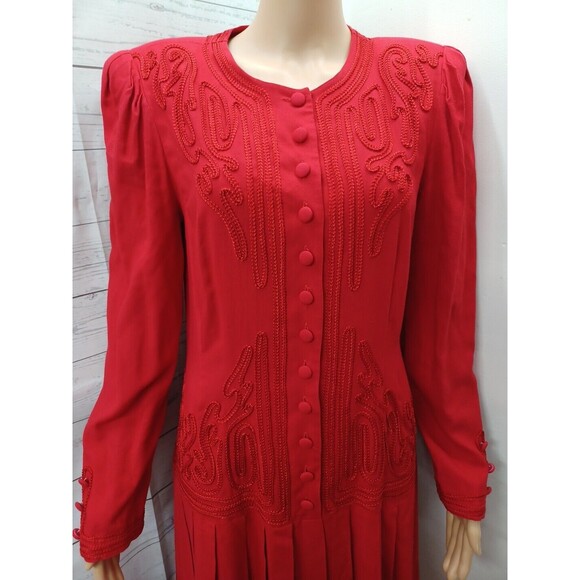 Vtg Red Long Sleeve Dress Midi-Maxi Cottagecore Sz 8 Sarah Elizabeth Pleated - Picture 2 of 9